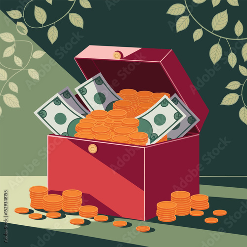 A red chest is overflowing with stacks of gold coins and dollar bills