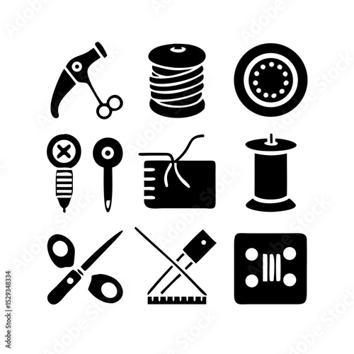 Sewing Vector Icon Set | Adjustable Line Weight | Needle, thread, scissors, fabric, sewing machine, buttons, yarn, zipper, measuring tape, tailoring, fashion, craft, hobby icons