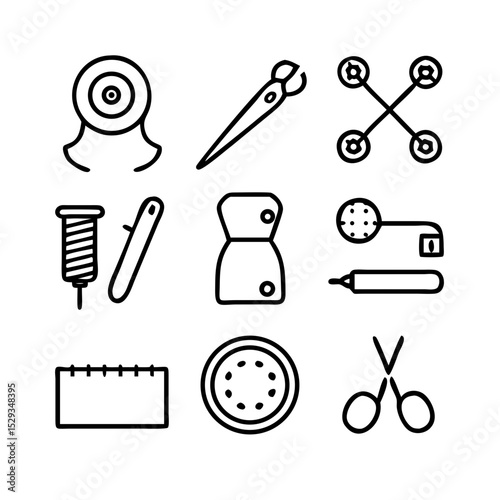 Sewing Vector Icon Set | Adjustable Line Weight | Needle, thread, scissors, fabric, sewing machine, buttons, yarn, zipper, measuring tape, tailoring, fashion, craft, hobby icons