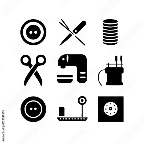 Sewing Vector Icon Set | Adjustable Line Weight | Needle, thread, scissors, fabric, sewing machine, buttons, yarn, zipper, measuring tape, tailoring, fashion, craft, hobby icons