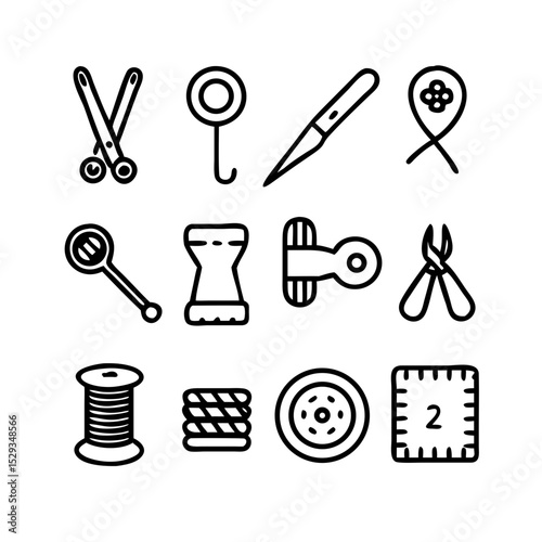 Sewing Vector Icon Set | Adjustable Line Weight | Needle, thread, scissors, fabric, sewing machine, buttons, yarn, zipper, measuring tape, tailoring, fashion, craft, hobby icons