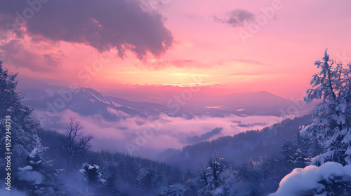 Winter mountain landscape at pink sunset