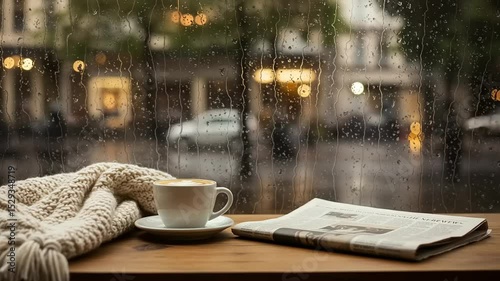 Rainy day cafe scene with coffee and newspaper