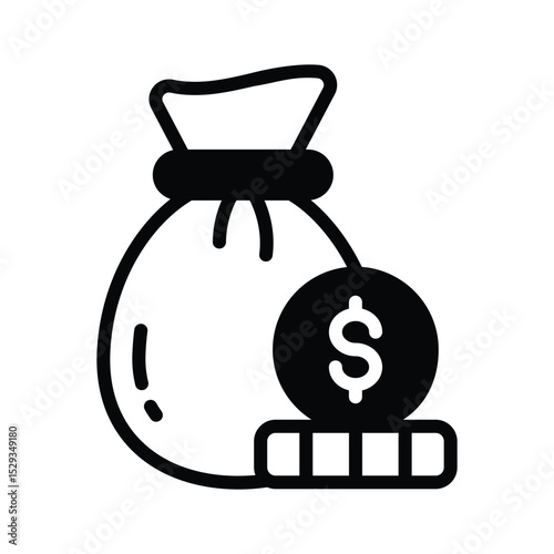 A solid style icon of money pouch with coins