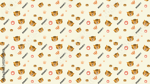 seamless cute tiger theme patterns vector. tiger head, food print, roar, stripes on pale yellow.