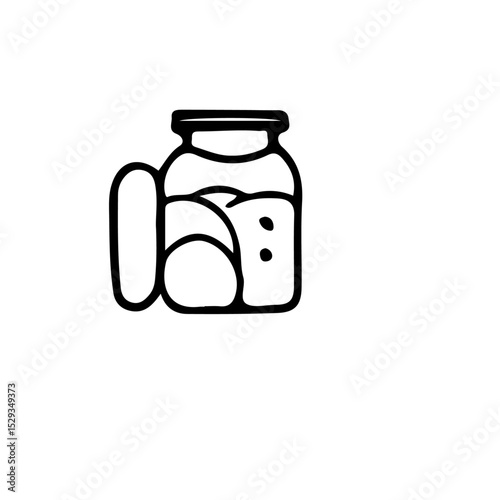 A simple illustration showing a jar filled with pickles and brine with a single pickle on the side view