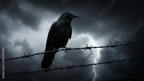 Raven perched on barbed wire fence during stormy weather