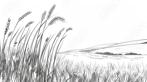 Black ink wheat field sketch, hand-drawn ears in meadow, nature background with sky and clouds.