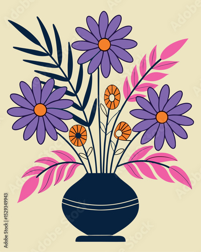 Colorful retro flower bouquet arranged in a dark blue vase on a beige background