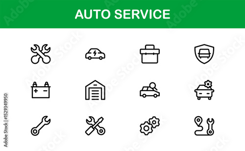 Professional Auto Service Icon Set with Vector Illustrations for Garage, Repair, Maintenance, and Car Care
