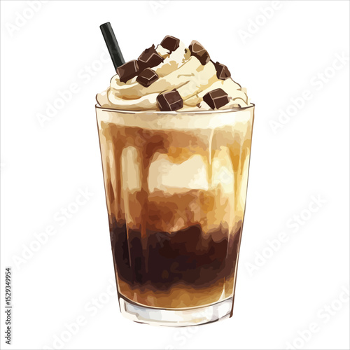 Gourmet iced coffee drink watercolor illustration isolated on white background