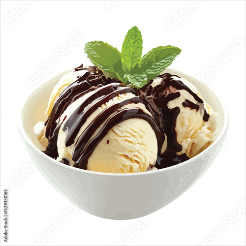 Delicious vanilla ice cream sundae with chocolate sauce and mint isolated on white background