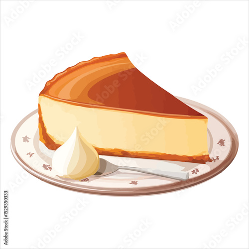 Watercolor cheesecake slice with whipped cream and fork isolated on white background
