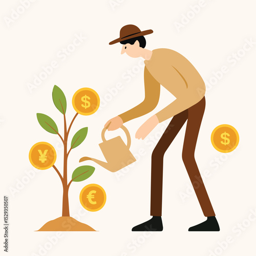 vector illustration of a person watering plants and earning money