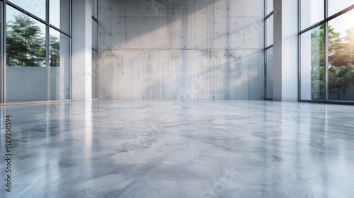 Wallpaper Mural A spacious modern interior showcasing a sleek, polished concrete floor, reflecting natural light through large windows, embodying minimalism, functionality, and contemporary design aesthetics. Torontodigital.ca