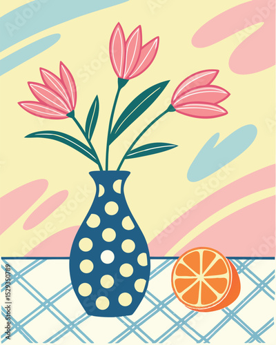 Colorful still life illustration of flowers in a vase with orange slice