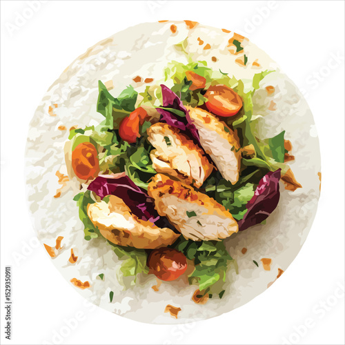 Delicious chicken tortilla wrap with salad and tomatoes isolated on white background