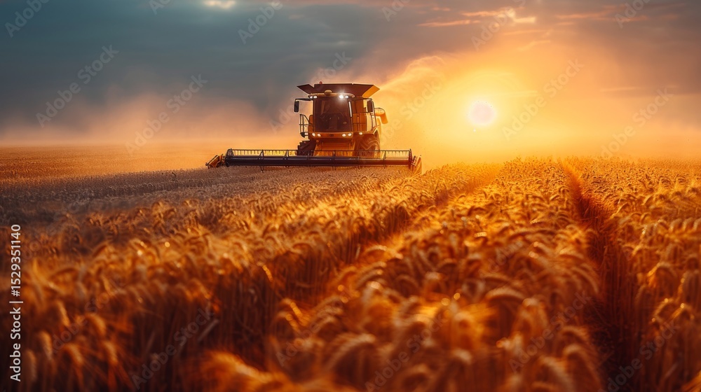 Fototapeta premium A powerful scene of a tractor harvesting wheat against the backdrop of a stunning sunset, symbolizing abundance and the beauty of agricultural life.