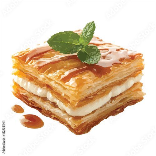 Mille feuille pastry with caramel glaze and mint isolated on white background
