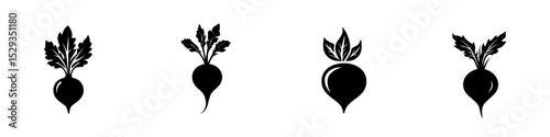 Collection of black silhouette icons featuring various styles of radishes and their leafy tops