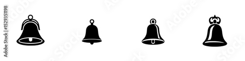Bell icon set featuring various designs suitable for notifications and alerts in digital interfaces