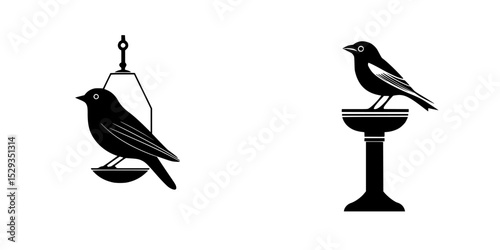 Various bird icons depicting feeding station and birdbath design elements for graphic use