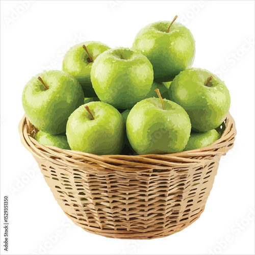 Fresh green apples in wicker basket isolated on white background