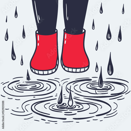 Red boots splashing in puddles with raindrops