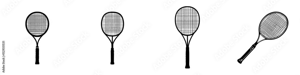 Illustration of black tennis racquets depicting various styles and angles for sports design or branding purposes Illustration of black tennis racquets depicting various styles and angles for sports design or branding purposes