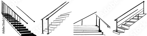 Collection of diverse stair designs with railings showcasing various styles and layouts