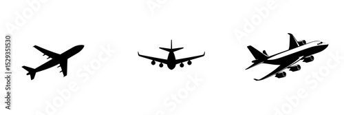 Set of black aviation icons depicting various types of airplanes and aircraft in silhouette form against a white background