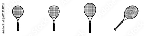 Illustration of black tennis racquets depicting various styles and angles for sports design or branding purposes