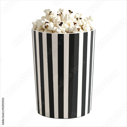 Overflowing popcorn in striped box isolated on white background