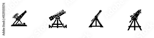 Silhouette set of black telescope icons showcasing different designs and perspectives for astronomy enthusiasts