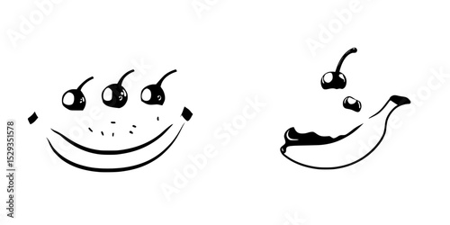 Black icon featuring a smiley face made of fruits on a simple background showcasing cherries and a banana