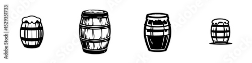 Black icon set depicting various styles of barrels, showcasing diversity in shape and design