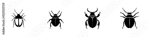 Intricate set of black insect icons showcasing various beetle designs for graphic and digital applications