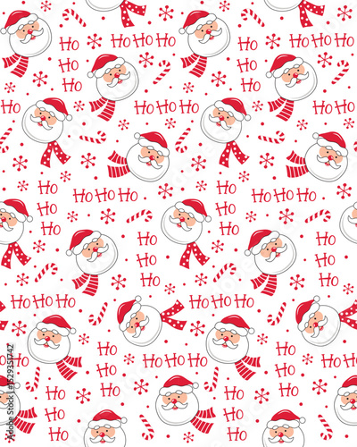 Seamless Fun Christmas Santa Claus With Candy Cane And Snowflakes For Gift Wrap And Fabric Print