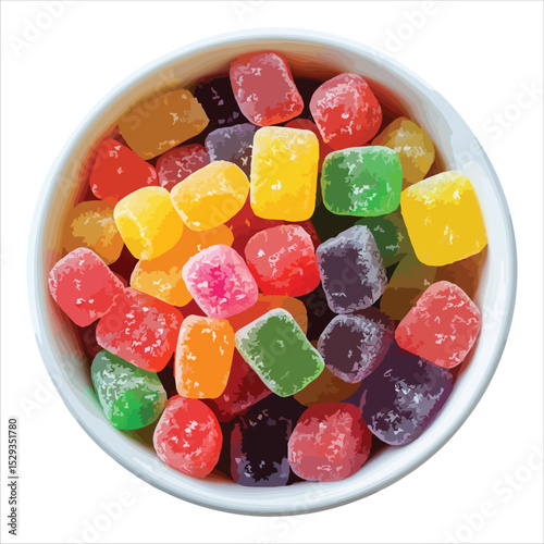 Colorful gummy candies in bowl overhead view isolated on white background