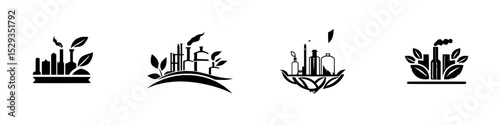 Set of four black industrial icons showcasing factories and environmental themes in a minimalist design