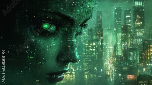 Wallpaper Mural Futuristic woman silhouette with cityscape, green neon glow, digital art. Torontodigital.ca