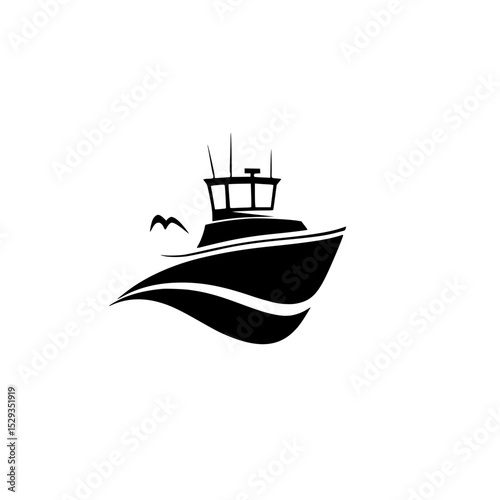 Black icon of a fishing boat surrounded by water waves and a bird silhouette in a minimalist style