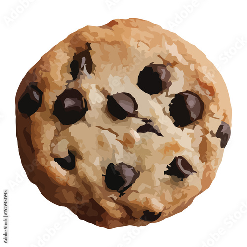 Overhead view of a delicious chocolate chip cookie isolated on white background