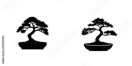 Set of elegant black bonsai tree icons suitable for digital and print design projects