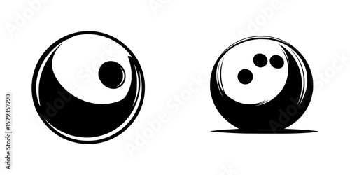 Black icons of yin yang and bowling ball representing harmony and competition in a minimalist style
