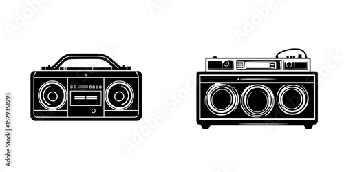 Black icon set featuring two different styles of boomboxes with distinct designs set against a minimal background