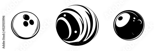 Set of three black icons representing different types of spherical objects in a minimalist design