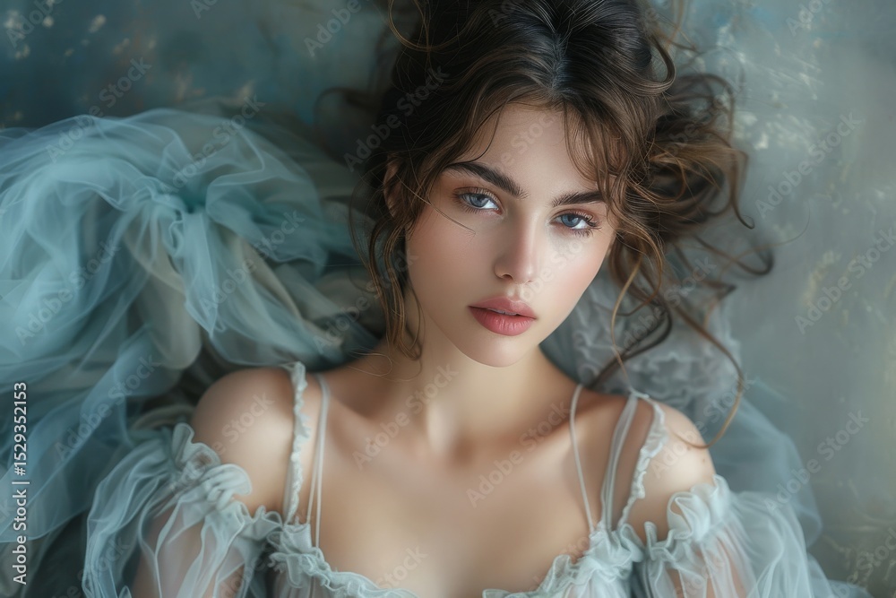 Fototapeta premium This portrait captures a stunning young woman in an ethereal gown, her soft features and flowing hair creating a dreamy atmosphere that captivates the viewer’s attention.