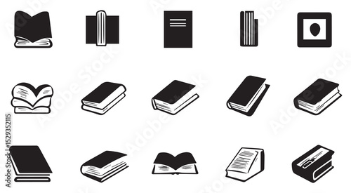 Black and White Book Icons Set Various Views books