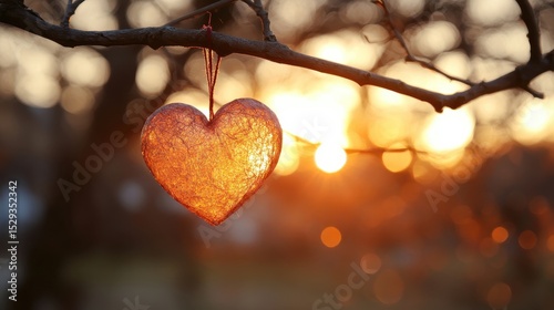 Heart decoration hanging from a branch at sunset, creating a warm, romantic atmosphere.